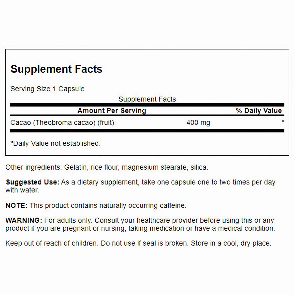 Swanson Suplemento de Cacao Full Spectrum (cacao crudo) 400 mg, 60 cápsulas