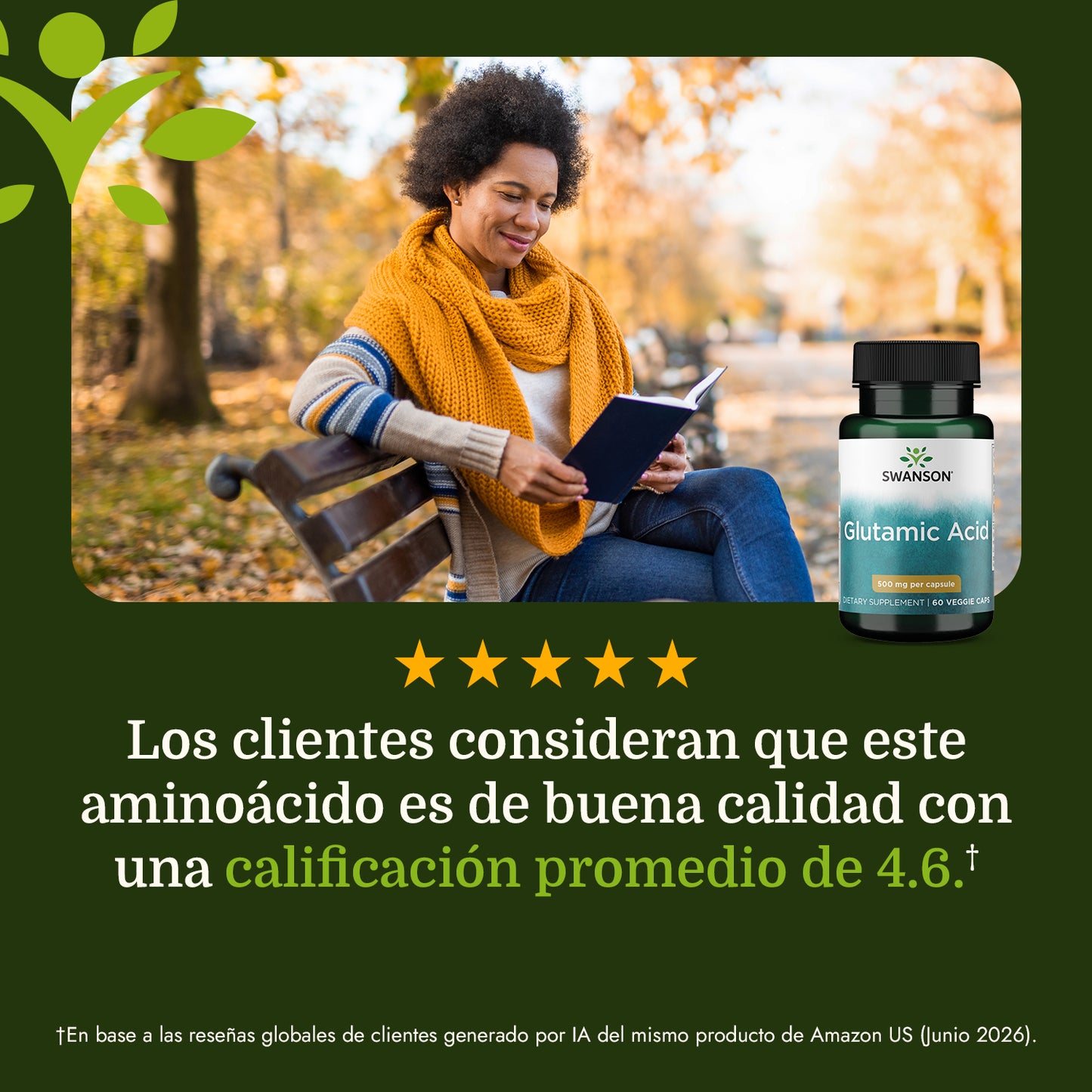Swanson Premium Suplemento de Ácido glutámico 500 mg, 60 cápsulas
