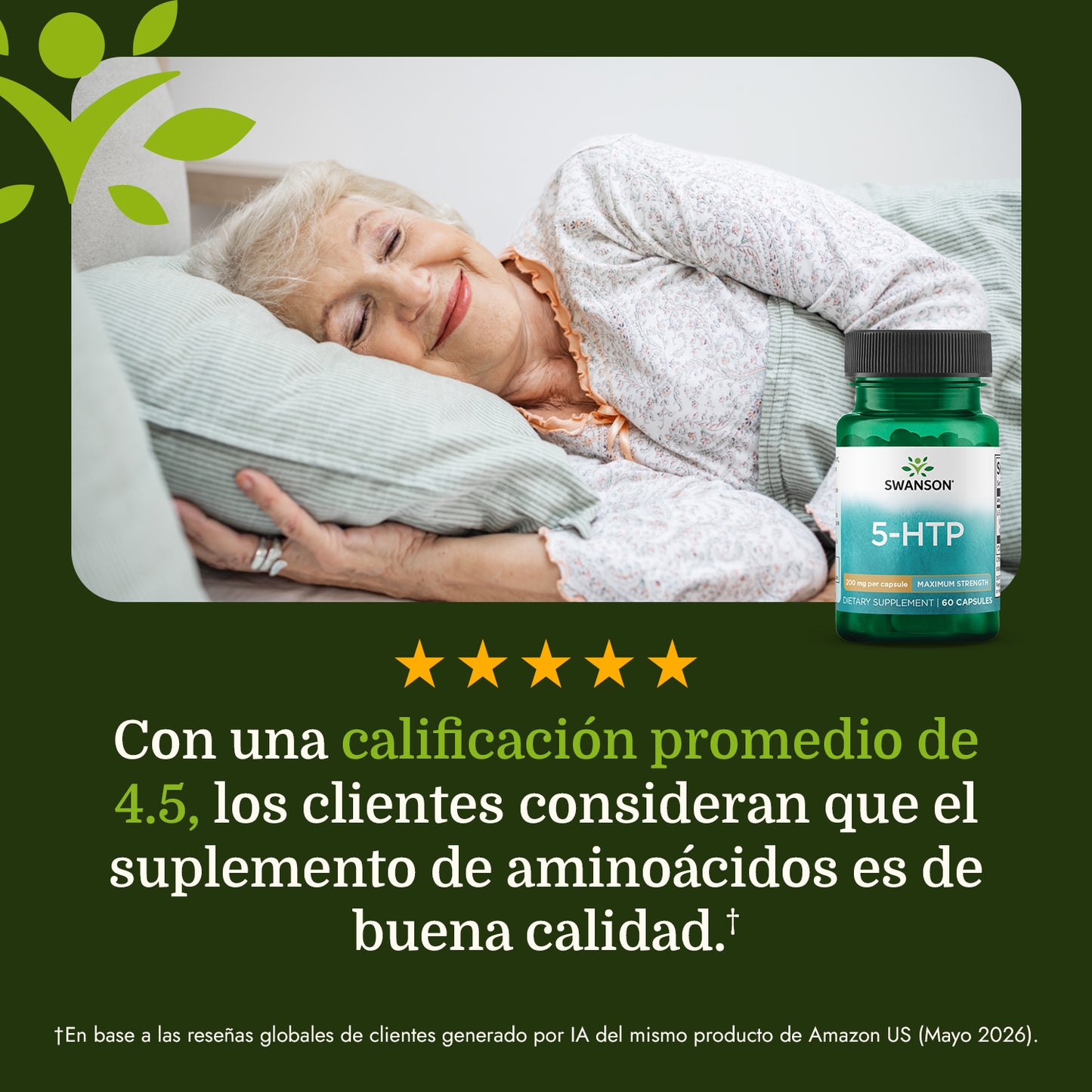 Swanson Aminoácido 5-HTP - Máxima potencia 20 0mg, 60 cápsulas