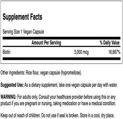 Swanson Biotina (Vitamina B7) 5000 mcg, 100 Cápsulas