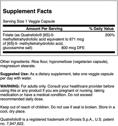 Swanson Folato (Ácido 5-Metiltetrahidrofólico) 800 mcg, 30 Cápsulas Veganas