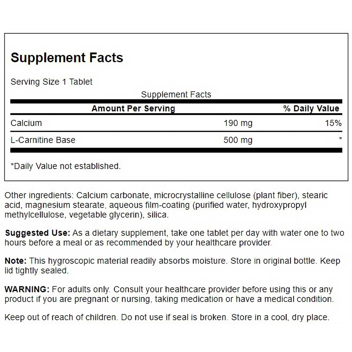 Swanson Suplemento de  L-carnitina  500mg, 100 Tabletas