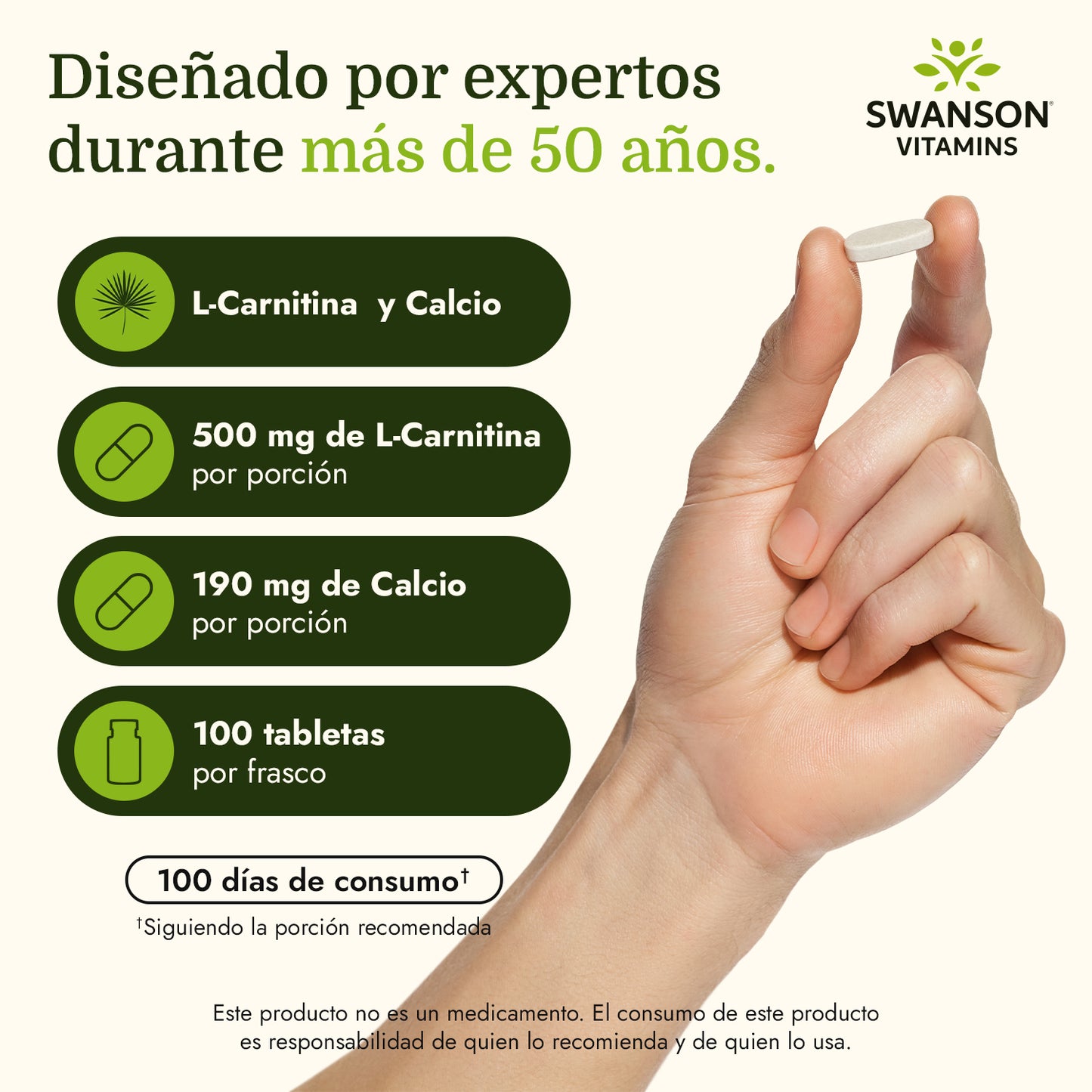 Swanson Suplemento de  L-carnitina 500mg, 100 Tabletas