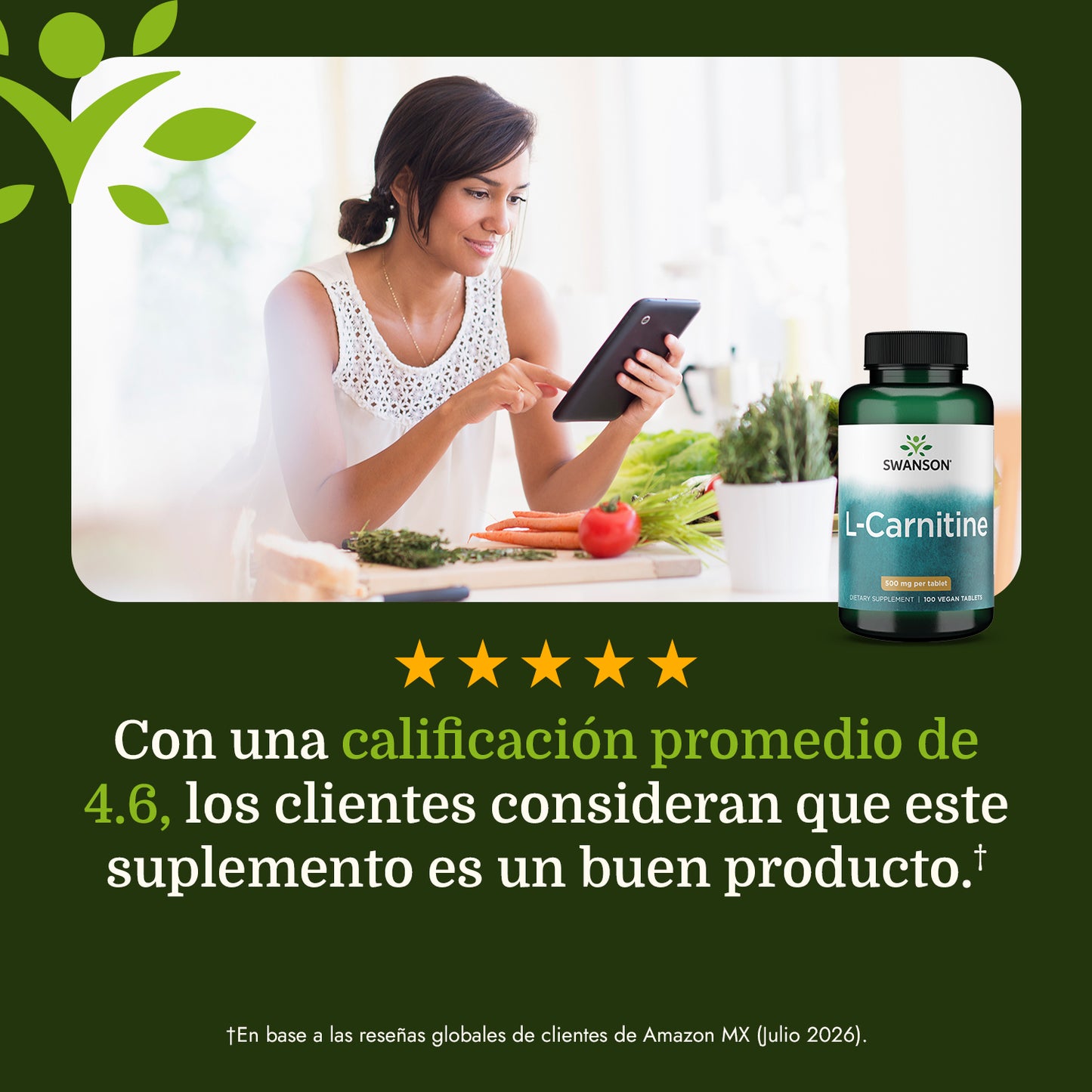 Swanson Suplemento de  L-carnitina 500mg, 100 Tabletas