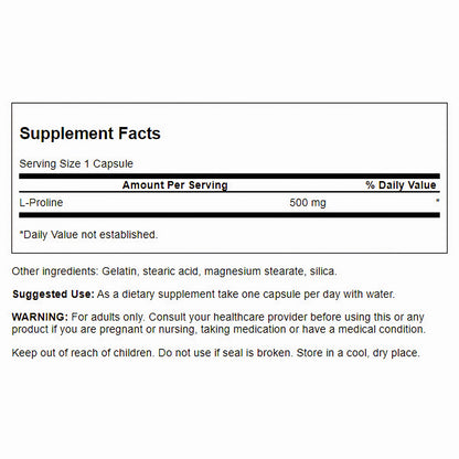 Swanson Suplemento de L-Prolina 500 mg por cápsula, 100 cápsulas
