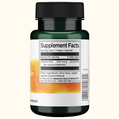 Swanson Vitamina B-12 (Cianocobalamina) 500 mcg, 100 Cápsulas