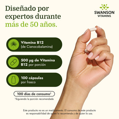 Swanson Vitamina B-12 (Cianocobalamina) 500 mcg, 100 Cápsulas