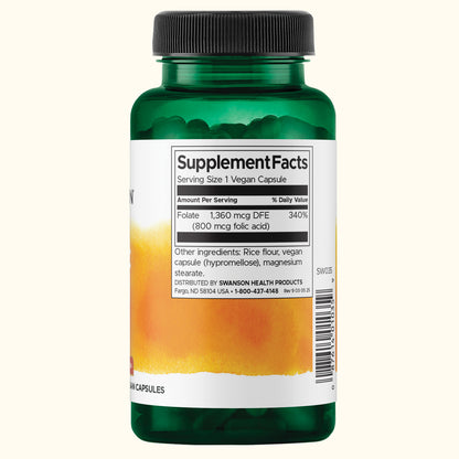 Swanson Ácido Fólico 800 mcg (Folato 335 mcg DFE), 250 Cápsulas