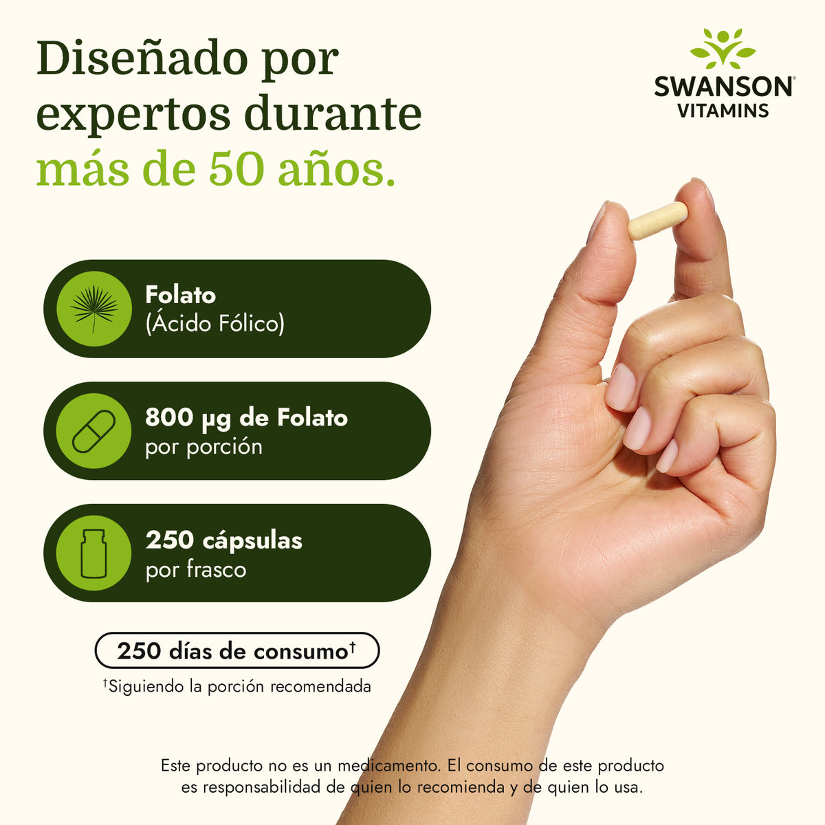 Swanson Ácido Fólico 800 mcg (Folato 335 mcg DFE), 250 Cápsulas