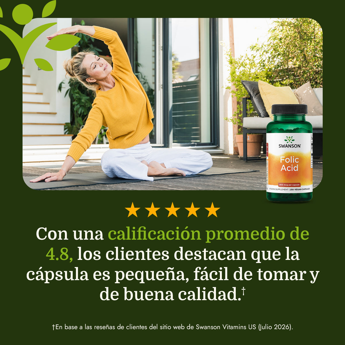 Swanson Ácido Fólico 800 mcg (Folato 335 mcg DFE), 250 Cápsulas