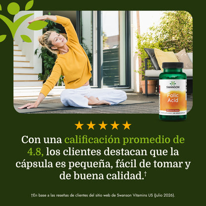 Swanson Ácido Fólico 800 mcg (Folato 335 mcg DFE), 250 Cápsulas