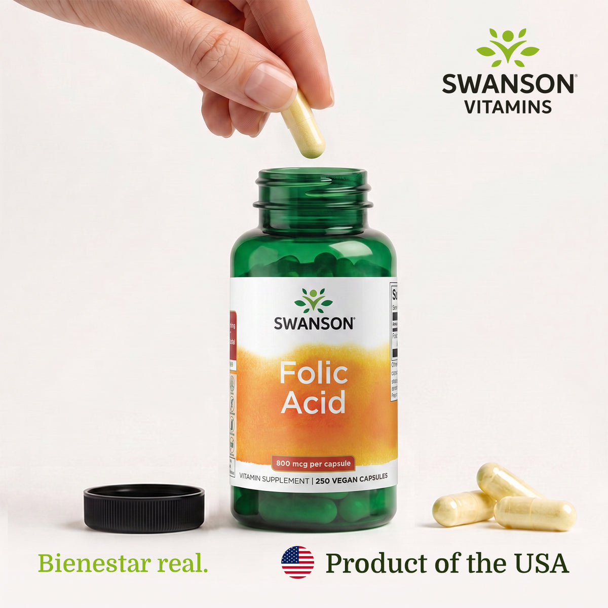 Swanson Ácido Fólico 800 mcg (Folato 335 mcg DFE), 250 Cápsulas