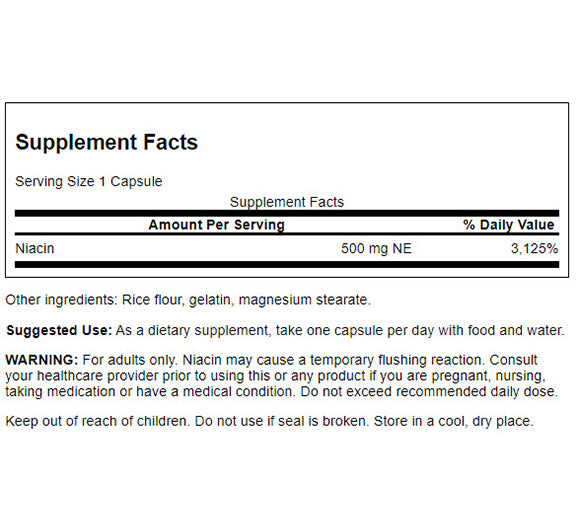 Swanson Suplemento de Niacina 500mg, 250 cápsulas