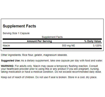 Swanson Suplemento de Niacina 500mg, 250 cápsulas