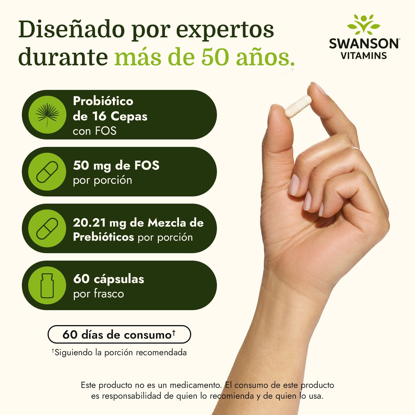Swanson Probiótico definitivo de 16 cepas con FOS del Dr. Stephen Langer 3.2 billones CFU, 60 cápsulas