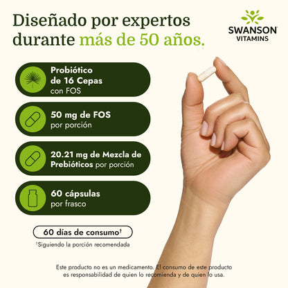 Swanson Probiótico definitivo de 16 cepas con FOS del Dr. Stephen Langer 3.2 billones CFU, 60 cápsulas
