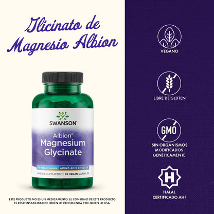 Swanson Suplemento Magnesio Glicinato Quelado Albión 133 mg, 90 cápsulas