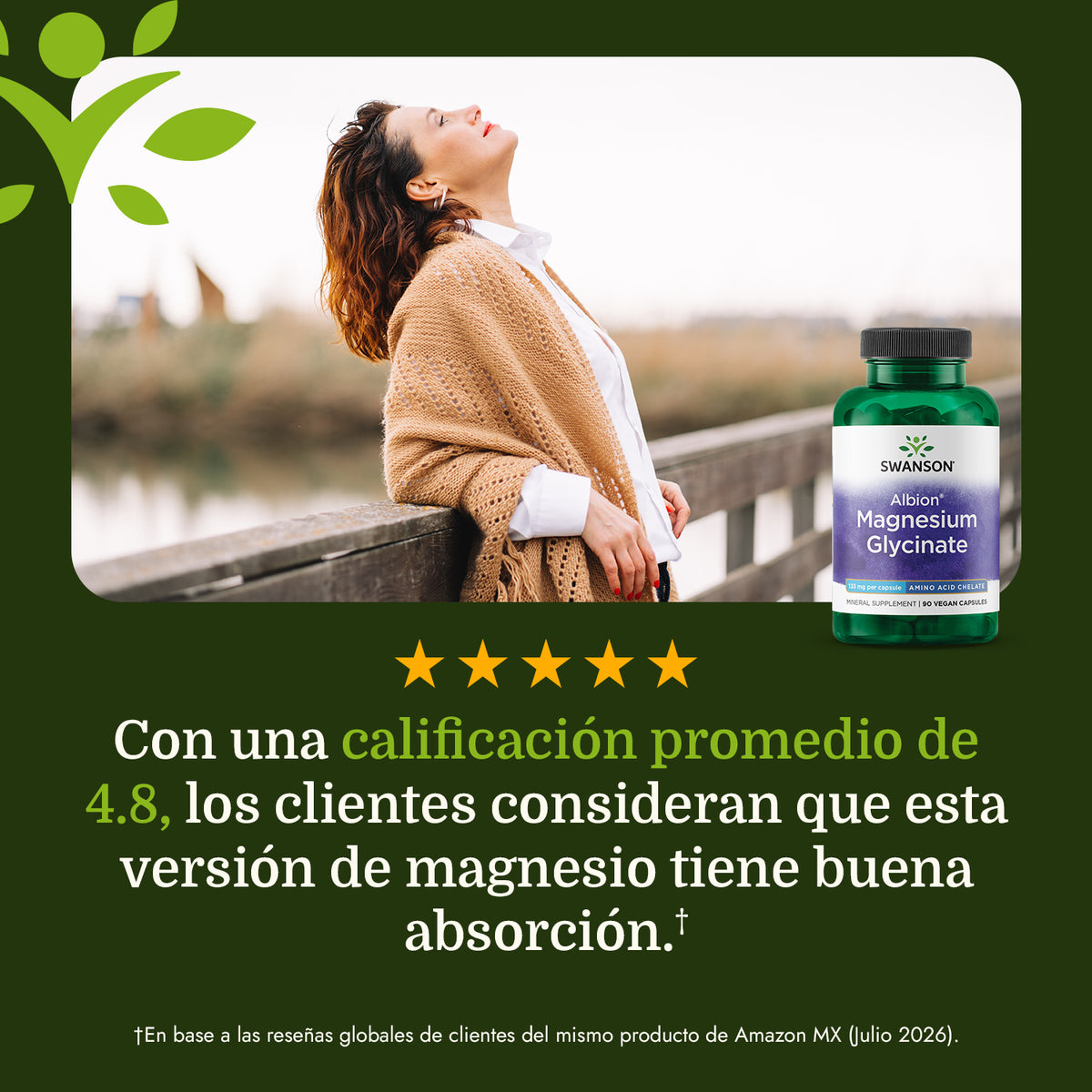 Swanson Suplemento Magnesio Glicinato Quelado Albión 133 mg, 90 cápsulas