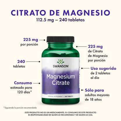 Swanson Suplemento Citrato de Magnesio Máxima Potencia 112.5 mg, 240 tabletas