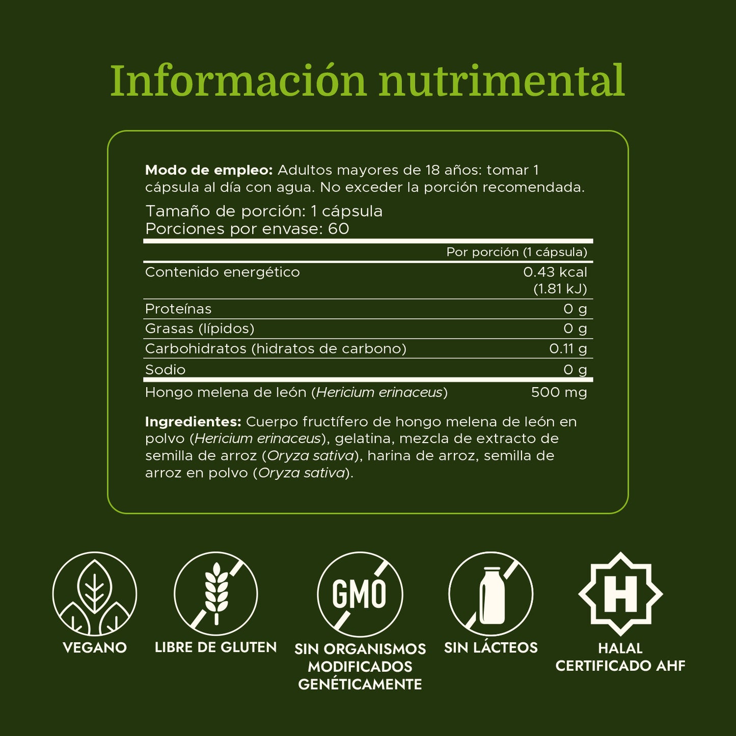 Swanson Full Spectrum Hongo Melena de León, 500 mg por cápsula, 60 Cápsulas