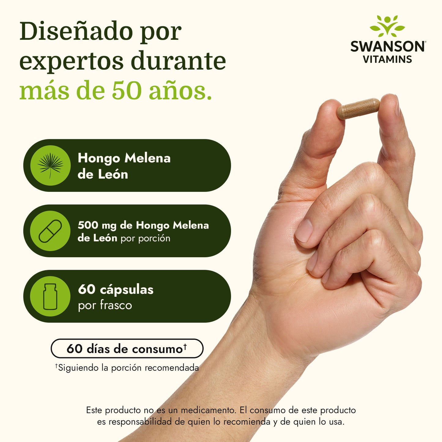Swanson Full Spectrum Hongo Melena de León, 500 mg por cápsula, 60 Cápsulas