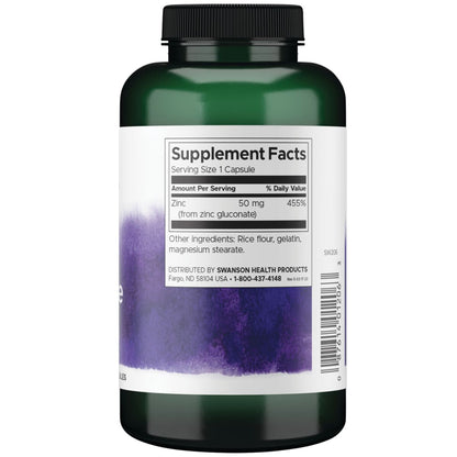 Swanson Suplemento Gluconato de Zinc 50 Mg, 250 Cápsulas