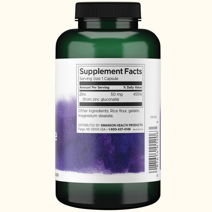 Swanson Suplemento Gluconato de Zinc 50 Mg, 250 Cápsulas