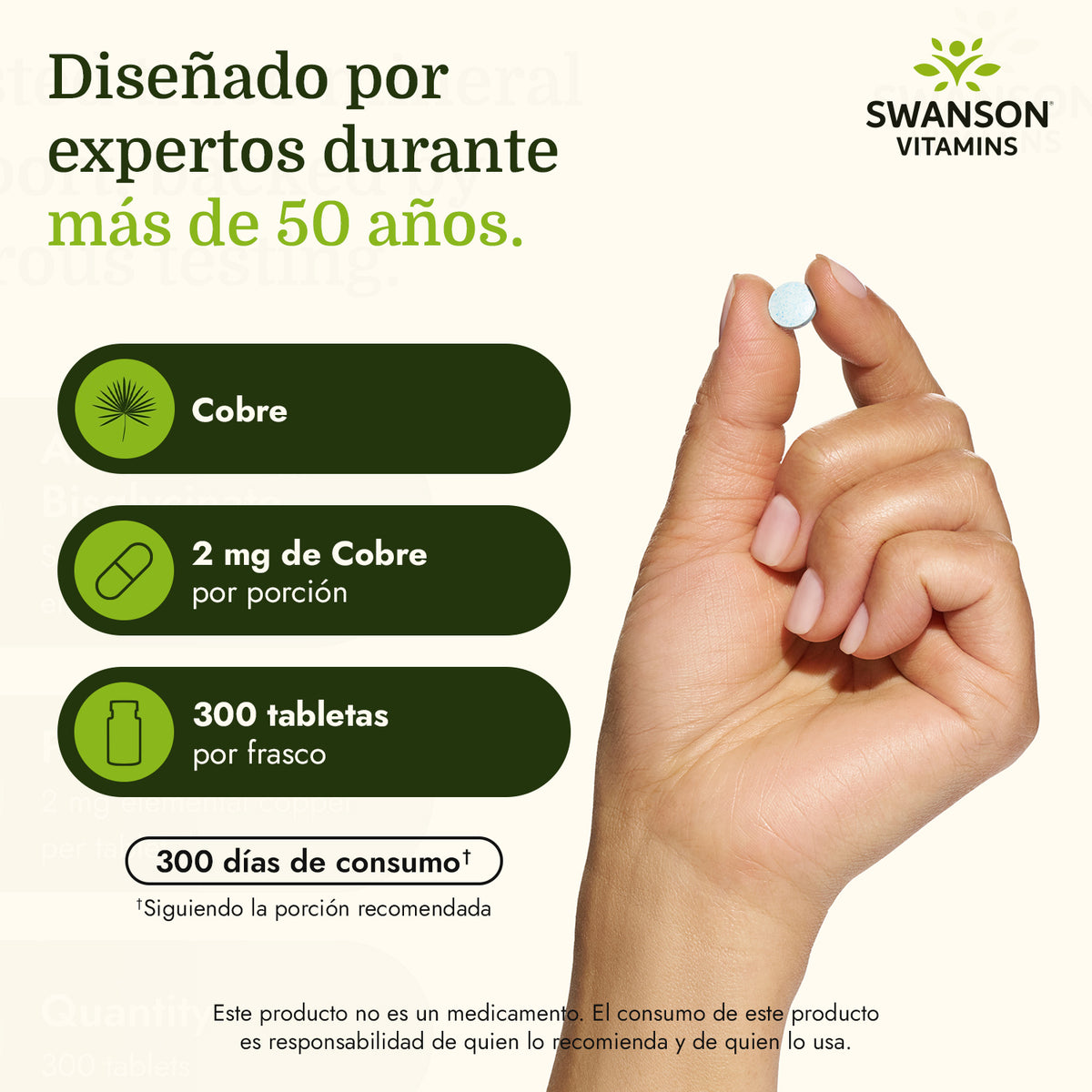 Swanson Cobre Quelado Bisglicinato, 2 mg, 300 Tabletas, Non‑GMO, Certificado GMP