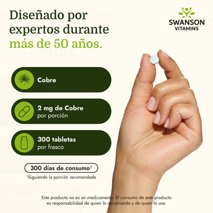 Swanson Cobre Quelado Bisglicinato, 2 mg, 300 Tabletas, Non‑GMO, Certificado GMP