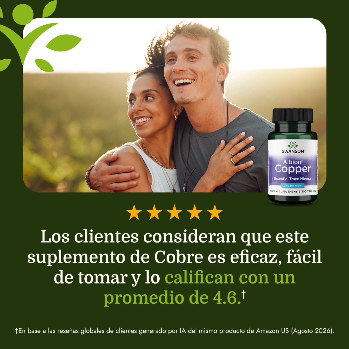 Swanson Cobre Quelado Bisglicinato, 2 mg, 300 Tabletas, Non‑GMO, Certificado GMP
