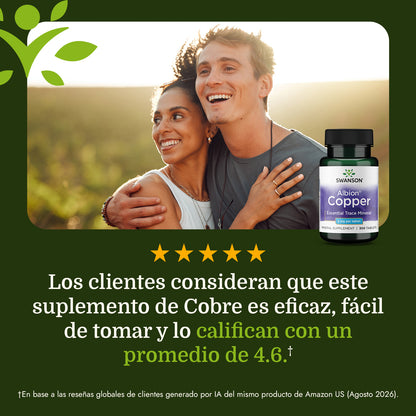 Swanson Cobre Quelado Bisglicinato, 2 mg, 300 Tabletas, Non‑GMO, Certificado GMP
