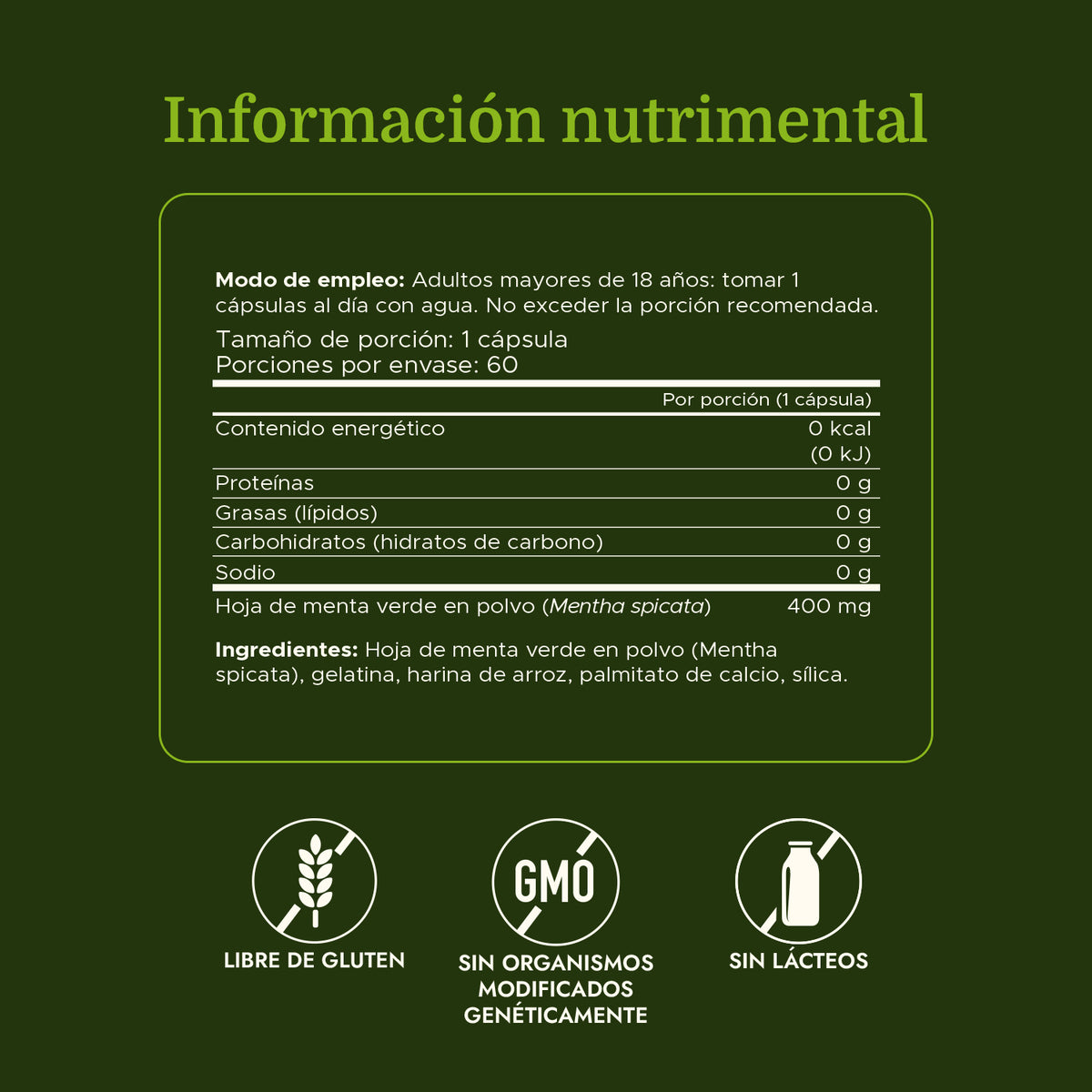 Swanson Suplemento Hoja de Menta Verde de Espectro Completo 400 mg, 60 cápsulas