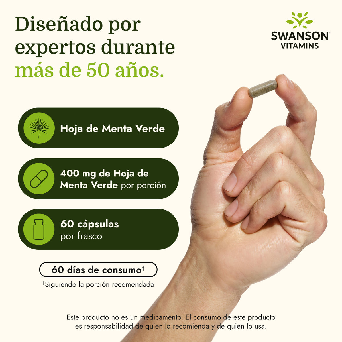 Swanson Suplemento Hoja de Menta Verde de Espectro Completo 400 mg, 60 cápsulas