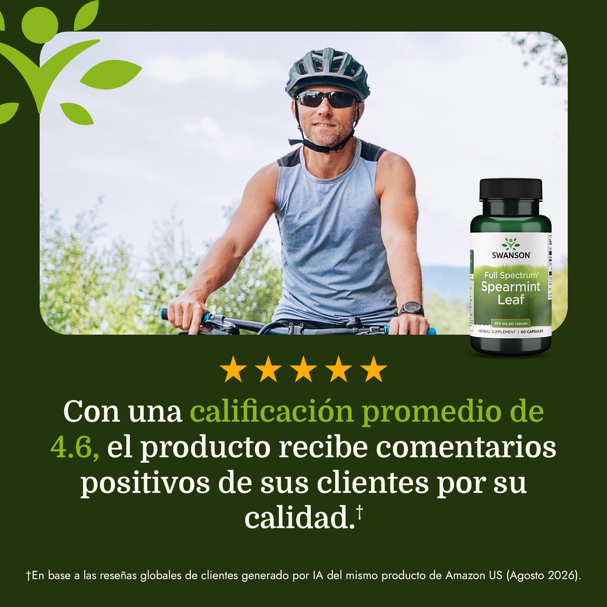 Swanson Suplemento Hoja de Menta Verde de Espectro Completo 400 mg, 60 cápsulas