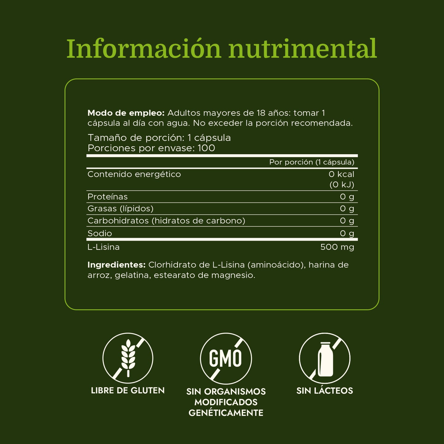 Swanson Suplemento L-Lisina de forma libre 500 mg, 100 Cápsulas