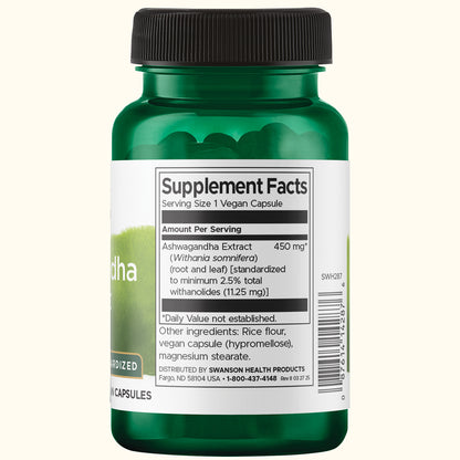 Swanson Extracto de Ashwagandha Adaptógeno, 450 mg, 60 Cápsulas, Non‑GMO, Certificado GMP