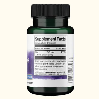 Swanson Citrato de Zinc, 50 mg, 60 Cápsulas, Non‑GMO, Certificado GMP