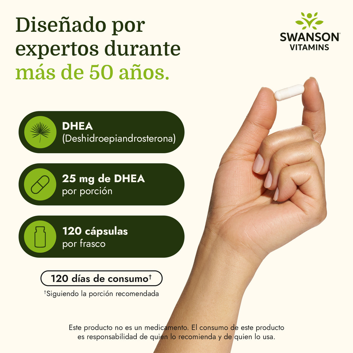 Swanson DHEA High Potency 25 mg, 120 Cápsulas, Non‑GMO, Certificado GMP