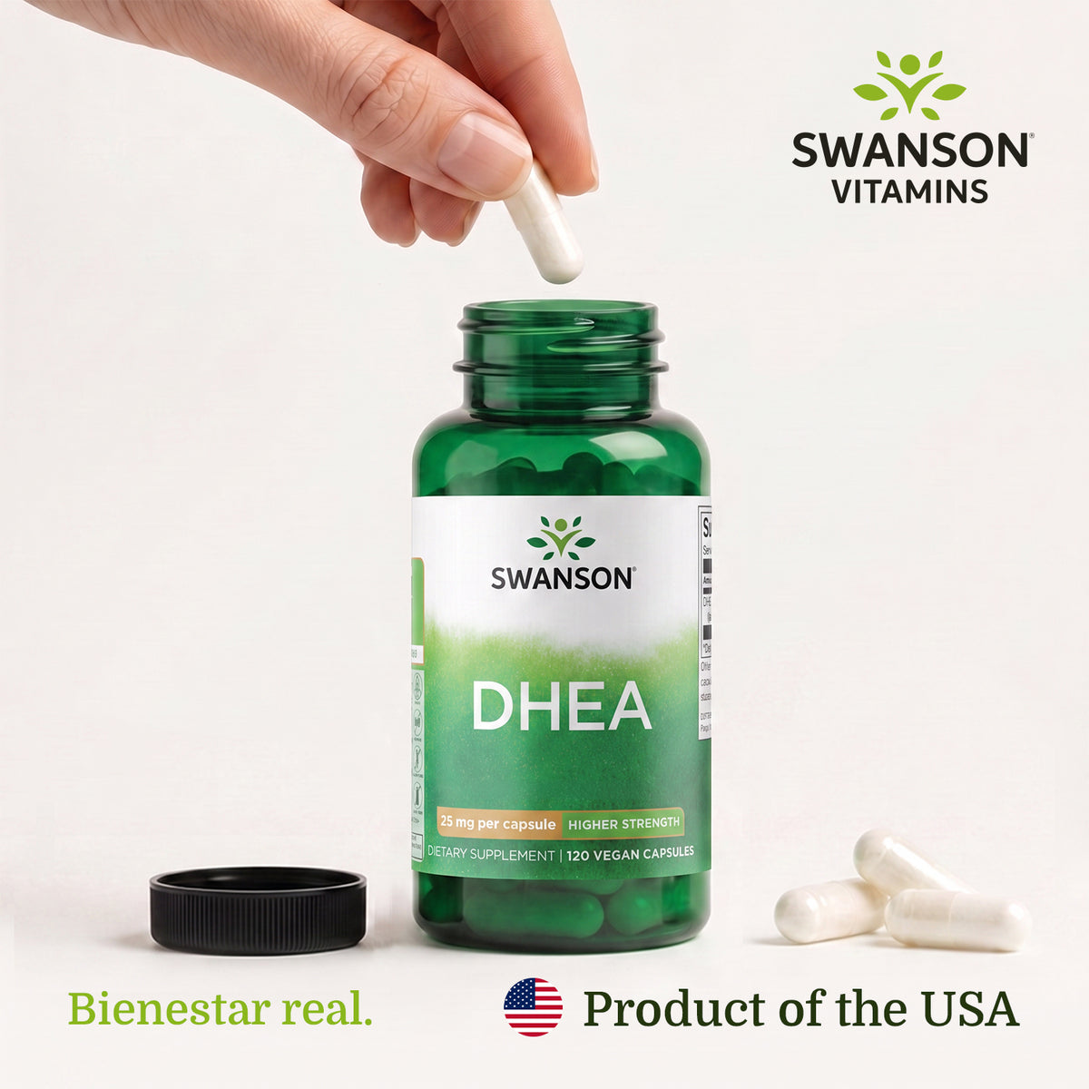 Swanson DHEA High Potency 25 mg, 120 Cápsulas, Non‑GMO, Certificado GMP