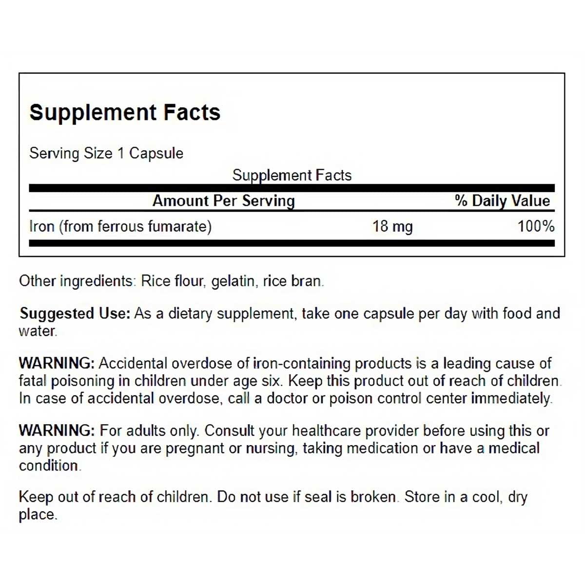 Swanson Suplemento de Hierro (Fumarato Ferroso) 18 mg, 60 Cápsulas
