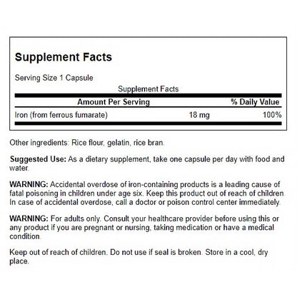Swanson Suplemento de Hierro (Fumarato Ferroso) 18 mg, 60 Cápsulas