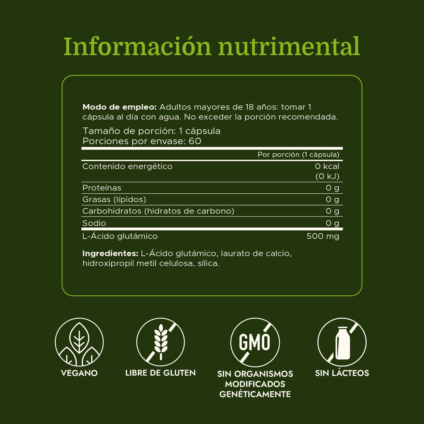 Swanson Premium Suplemento de Ácido glutámico 500 mg, 60 cápsulas