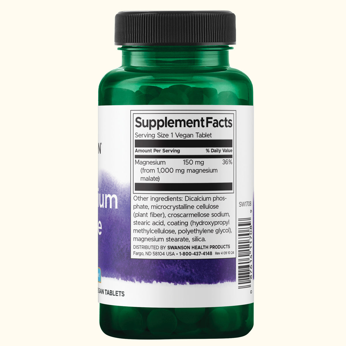 Swanson Malato de Magnesio, 1000 mg (150 mg Elementales), 60 Tabletas, Non‑GMO, Certificado GMP