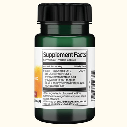 Swanson Folato (Ácido 5-Metiltetrahidrofólico) 800 mcg, 30 Cápsulas Veganas