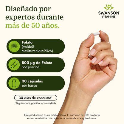 Swanson Folato (Ácido 5-Metiltetrahidrofólico) 800 mcg, 30 Cápsulas Veganas