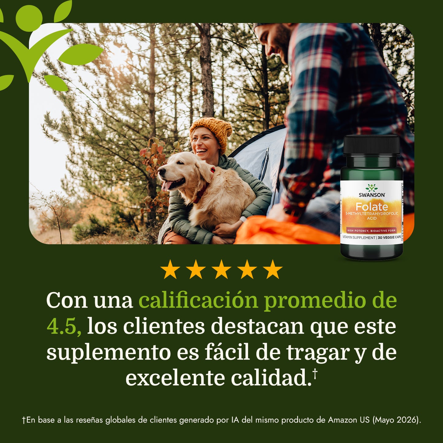 Swanson Folato (Ácido 5-Metiltetrahidrofólico) 800 mcg, 30 Cápsulas Veganas