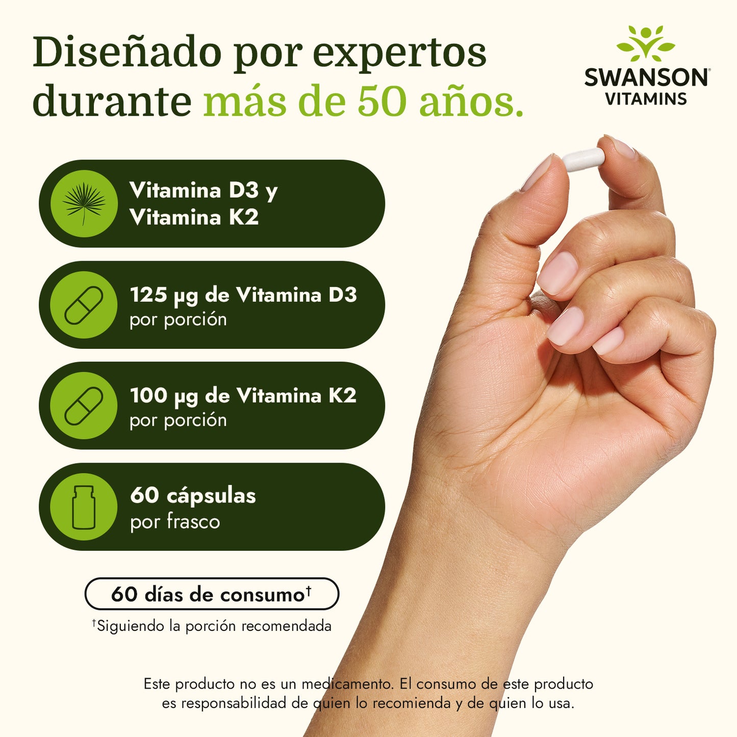 Swanson Vitaminas D3 & K2 de Máxima Potencia- 5,000 UI y 100 Mcg,  60 cápsulas