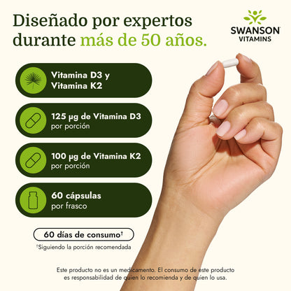 Swanson Vitaminas D3 & K2 de Máxima Potencia- 5,000 UI y 100 Mcg,  60 cápsulas