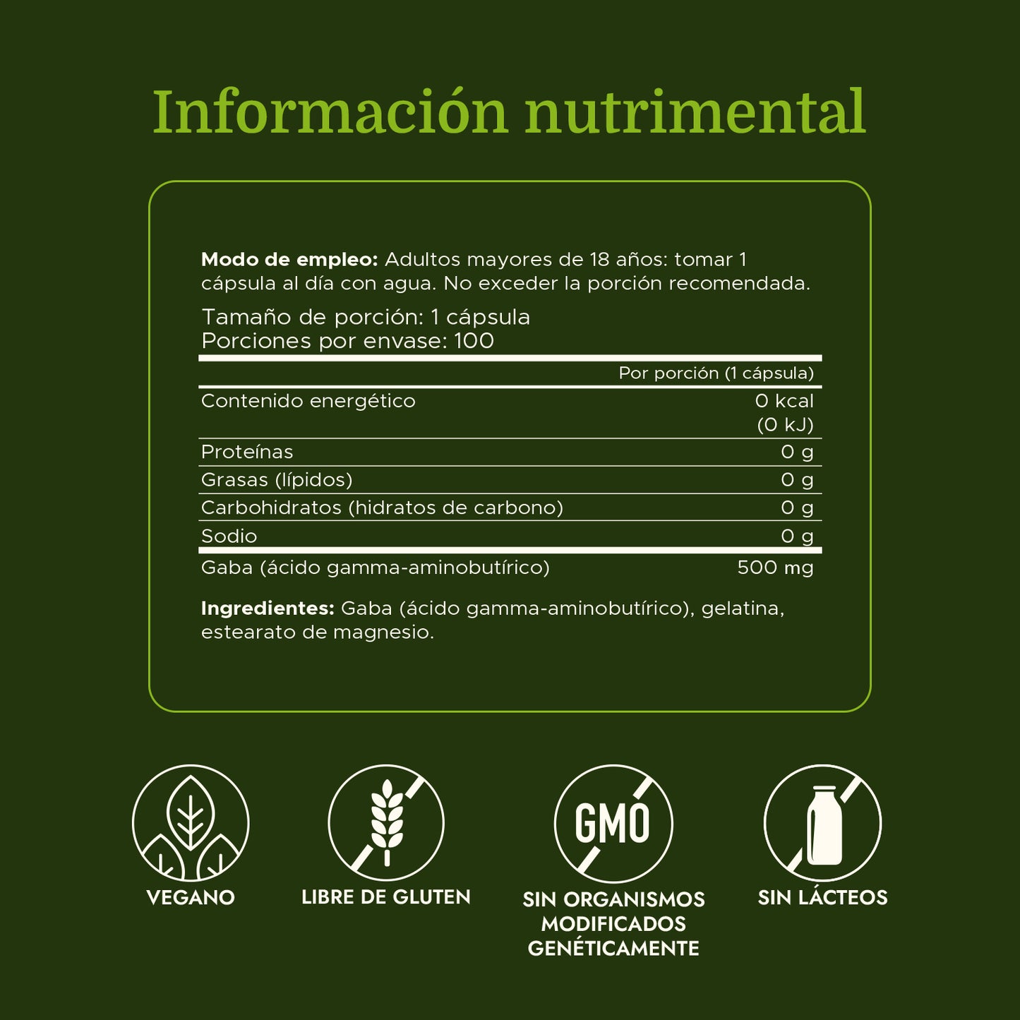Swanson Suplemento de Gaba 500 mg, 100 Cápsulas
