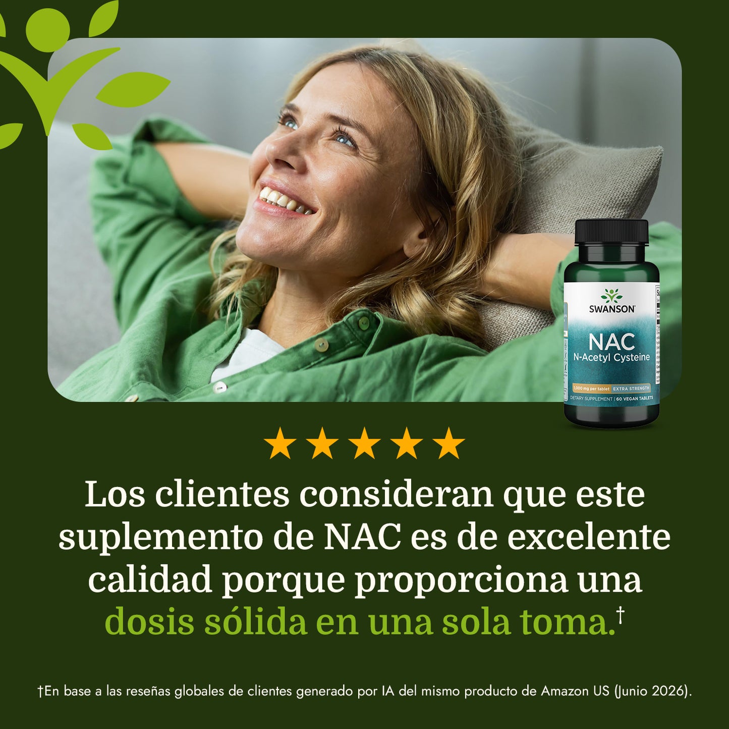 Swanson Suplemento NAC (N-Acetilcisteína) Extra Strength 1000 mg, 60 Tabletas
